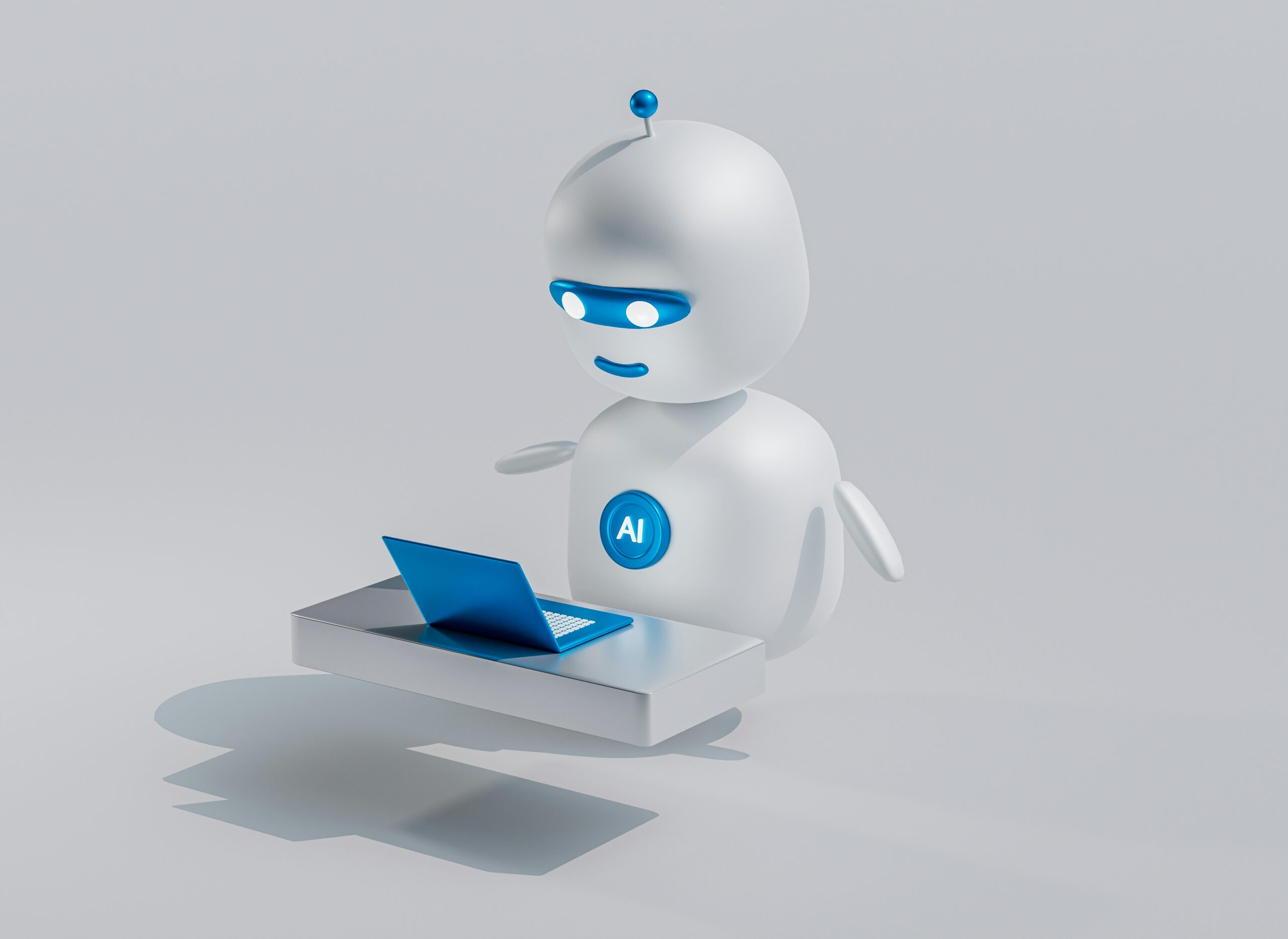 Фигура робота- искусственного интеллекта сидит за ноутбуком 