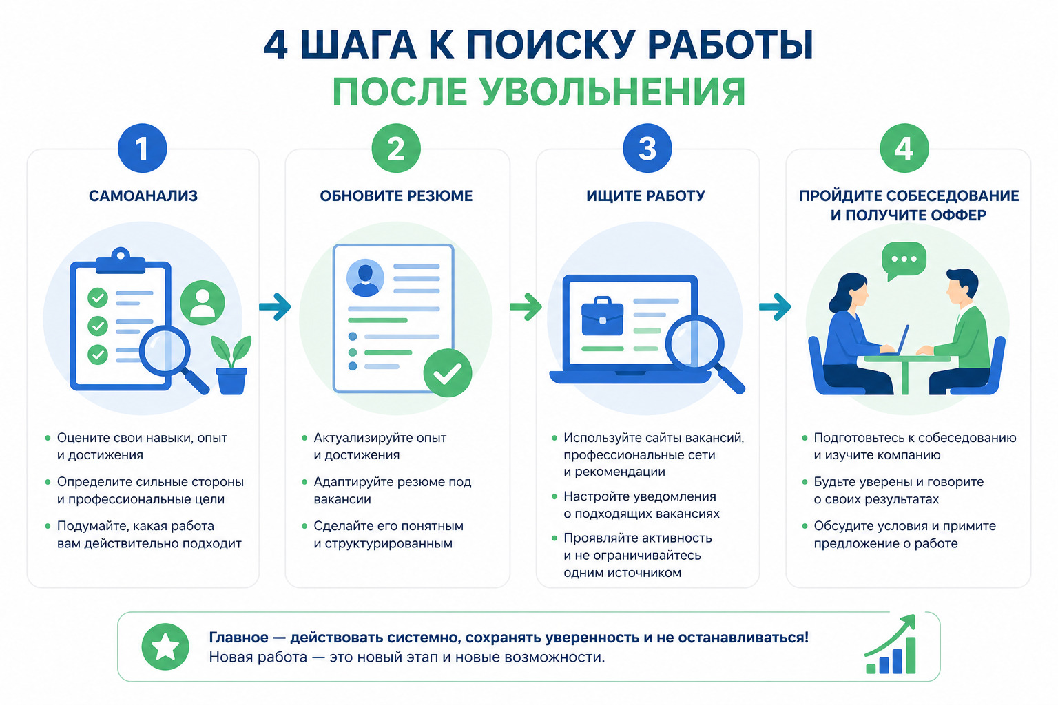 Инфографика — 4 шага к поиску работы после увольнения: самоанализ, резюме, поиск, собеседование