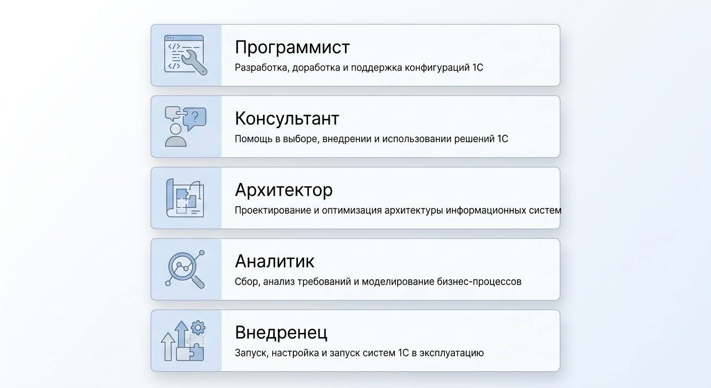 Инфографика пять ролей специалиста по 1С — программист консультант архитектор
