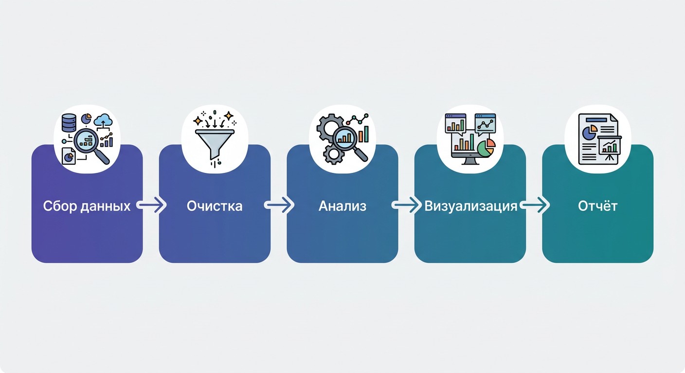 Пять задач аналитика данных — схема процесса от сбора до отчёта