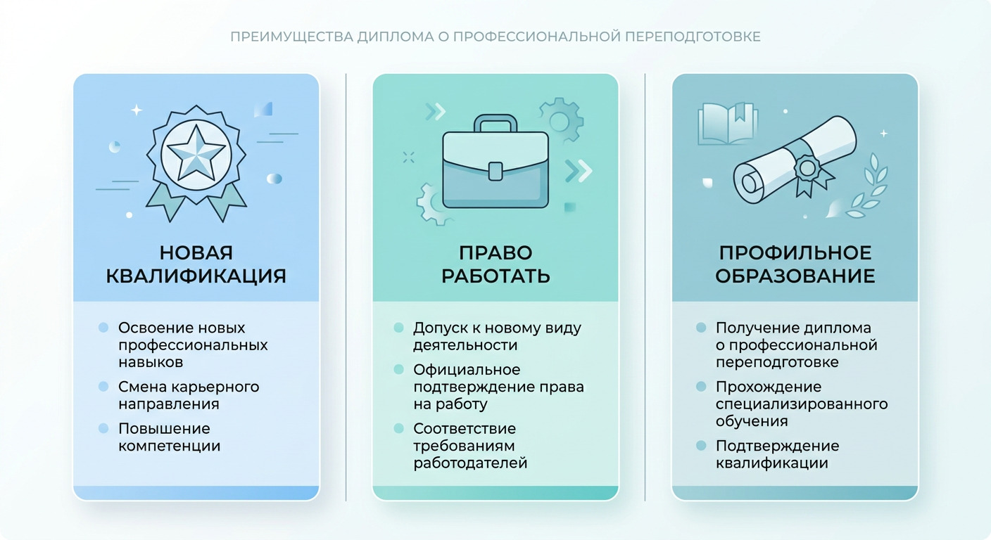Инфографика: что подтверждает диплом о профессиональной переподготовке — три блока