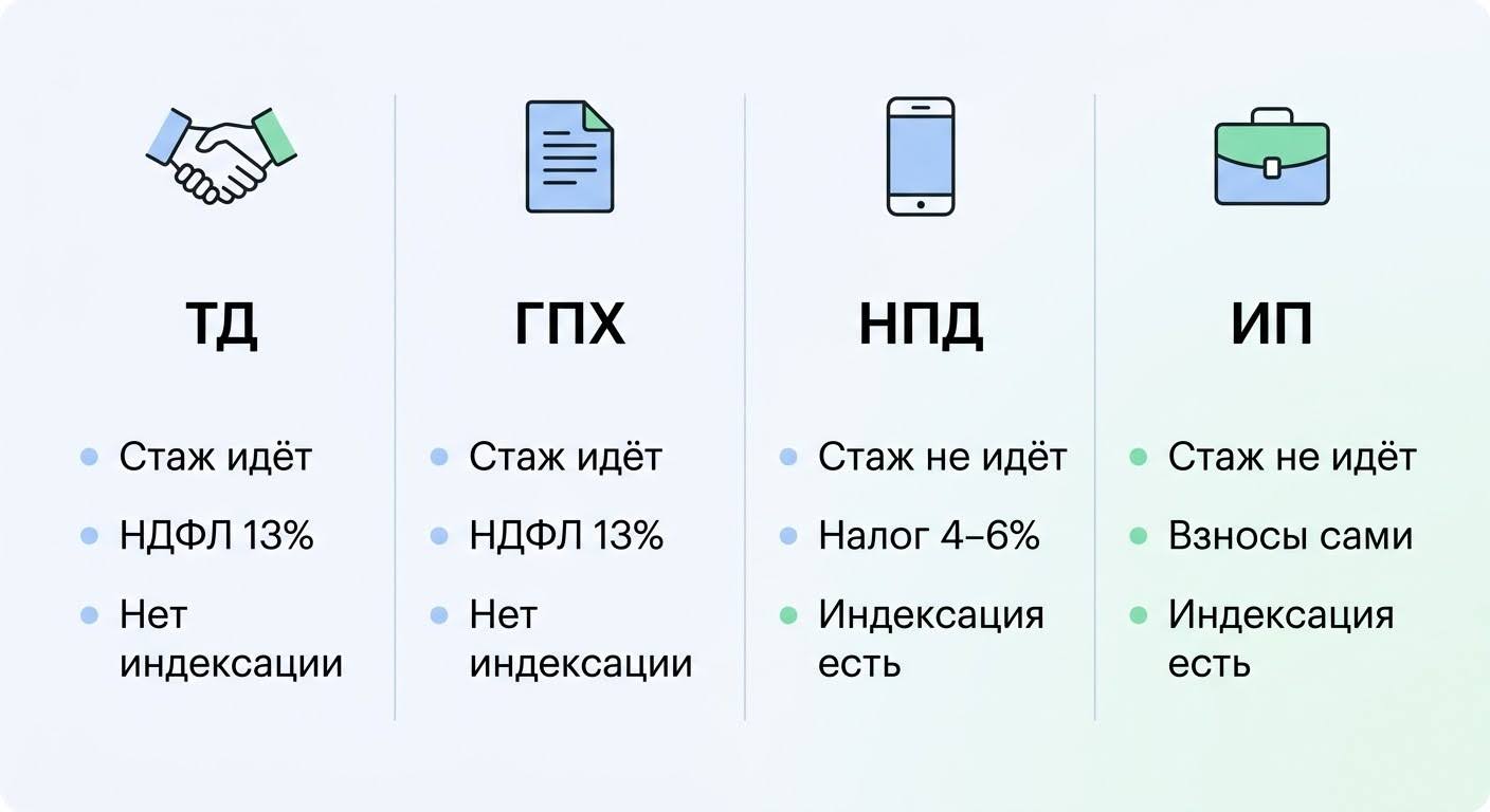 Инфографика форматы занятости пенсионера: ТД, ГПХ, НПД, ИП