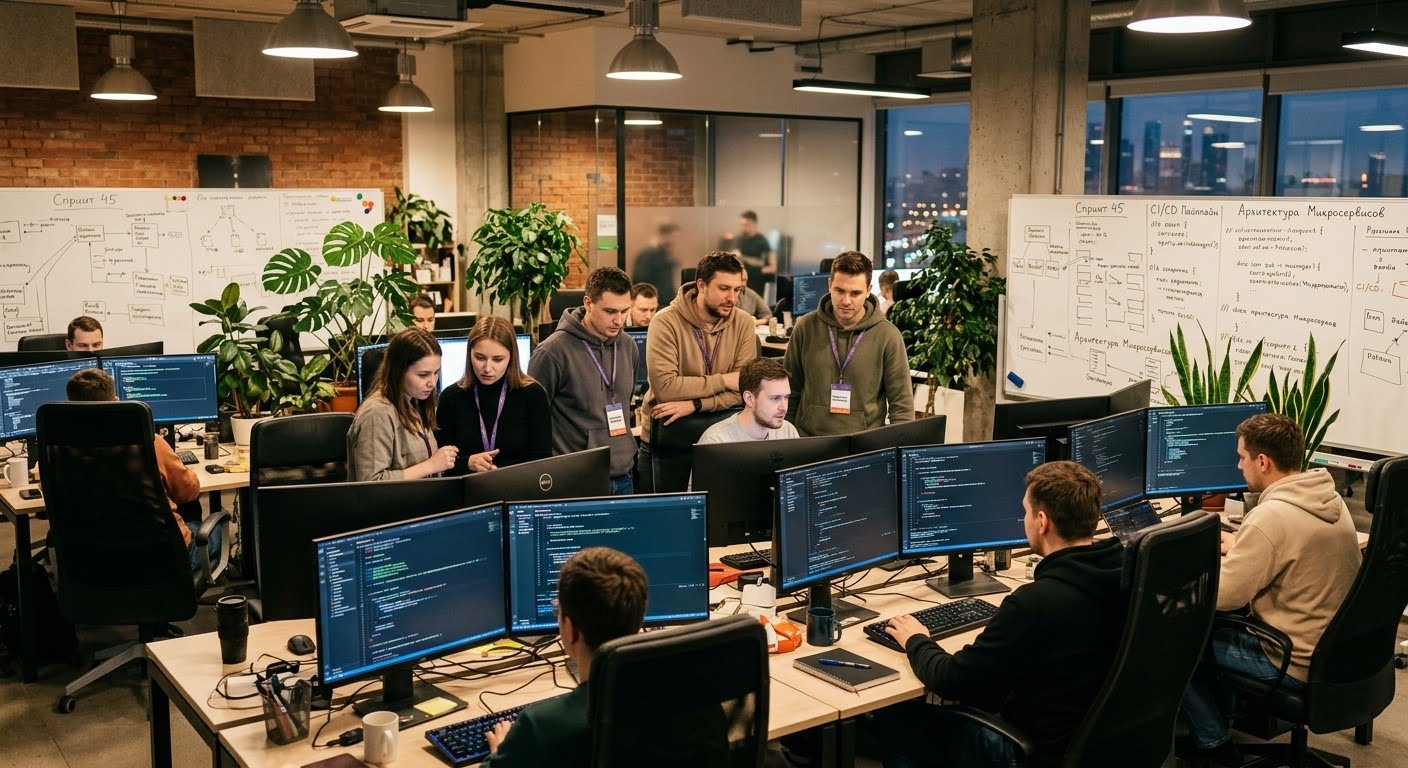 IT-офис с разработчиками за мониторами с кодом