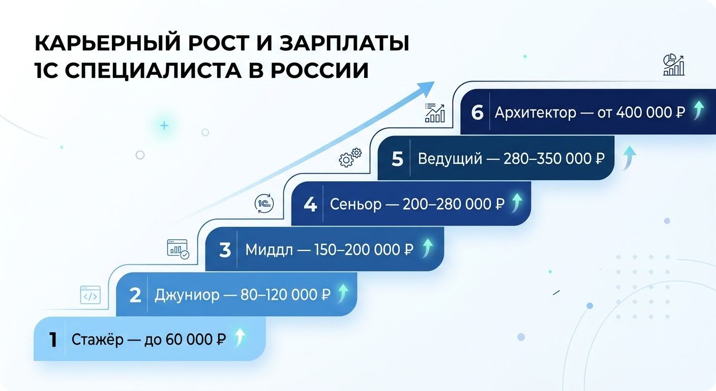 Карьерная лестница специалиста по 1С — шесть ступеней с зарплатными вилками