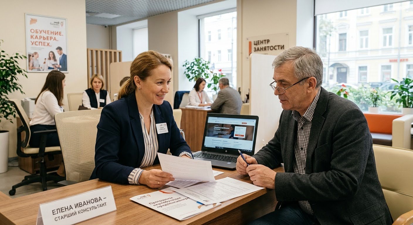 Специалист ЦЗН консультирует предпенсионера по переобучению
