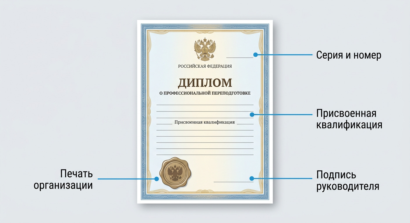 Образец диплома ДПО с разметкой атрибутов: серия, номер, квалификация, печать