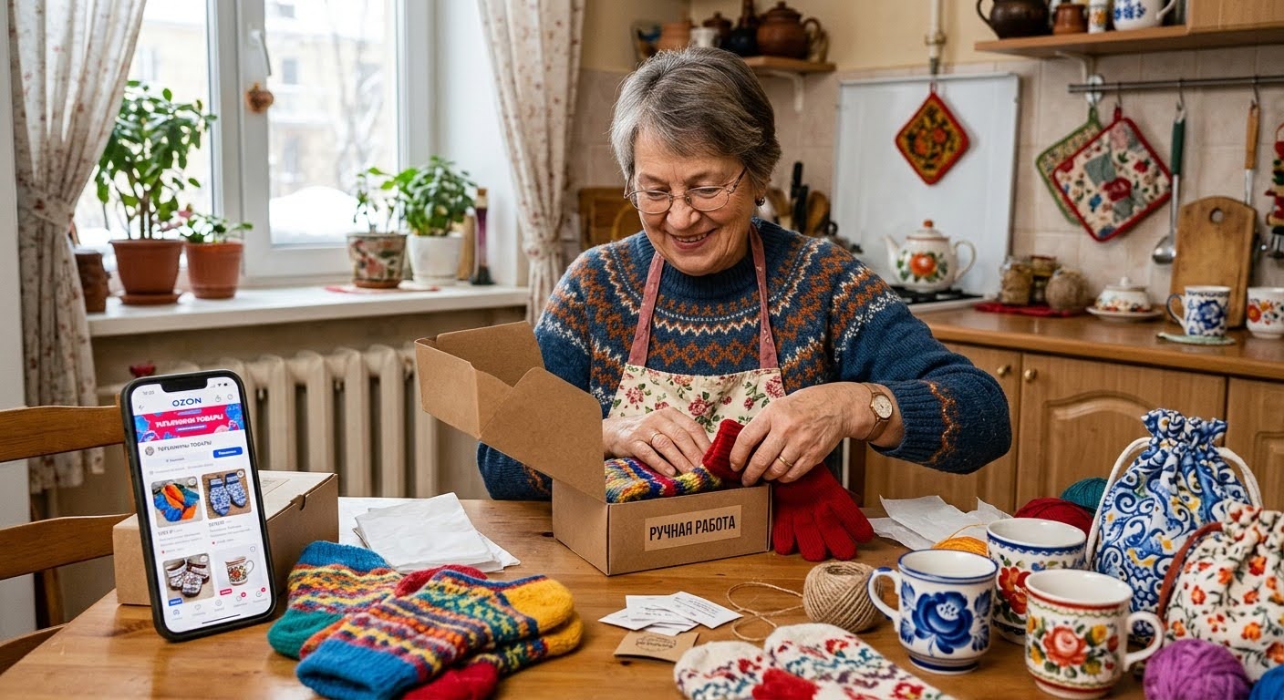 Пенсионерка упаковывает хэндмейд-товары для продажи онлайн