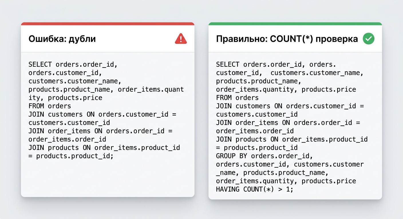 Сравнение неправильного и правильного SQL-запроса при проверке дублей