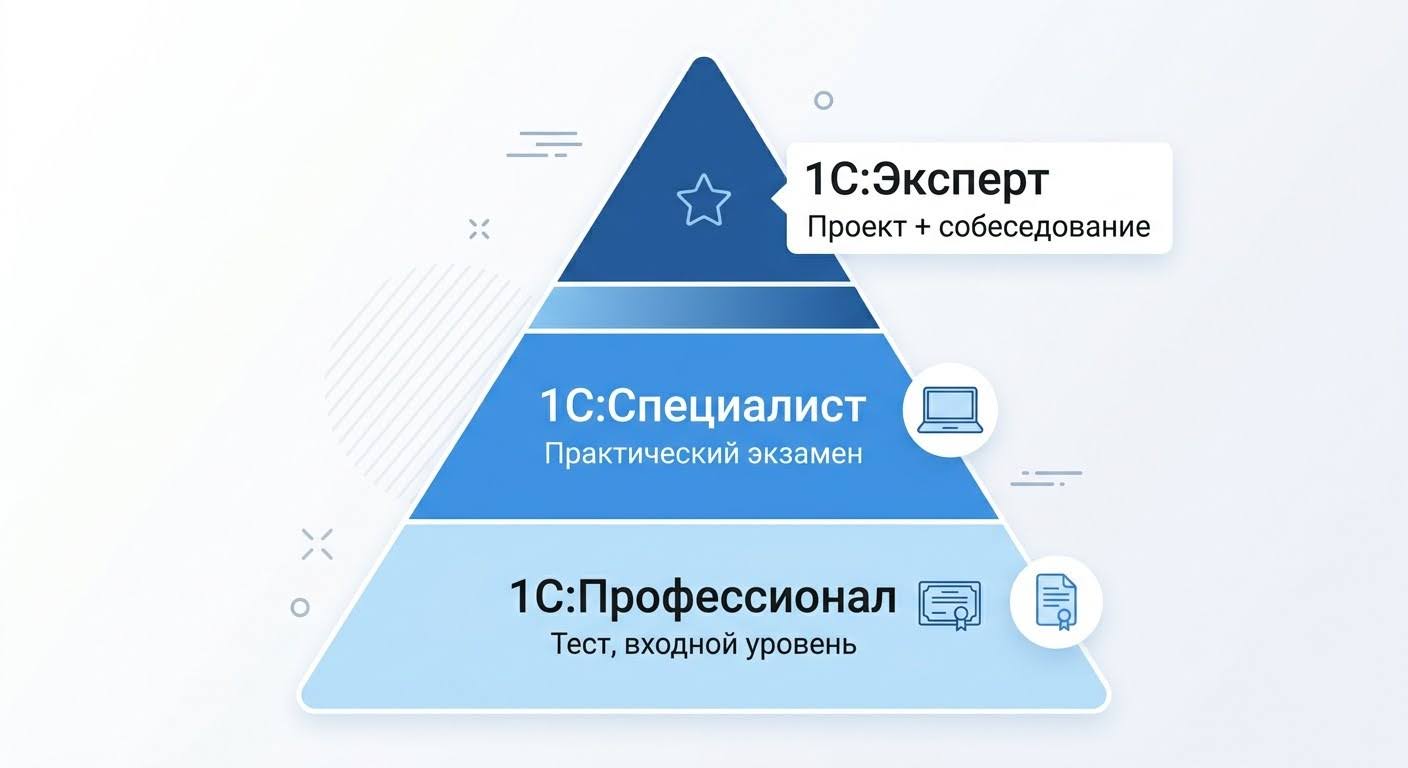 Пирамида трёх уровней сертификации 1С — Профессионал Специалист Эксперт