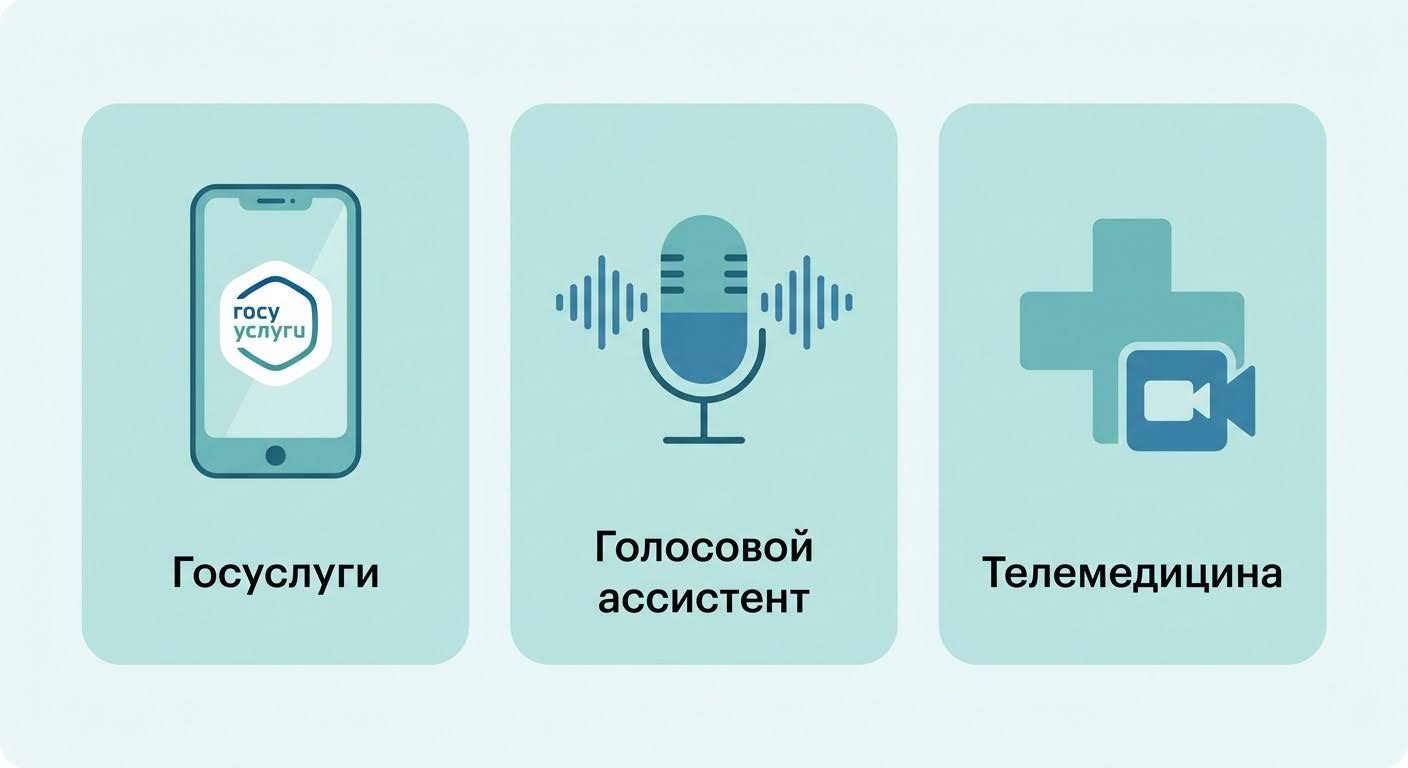 Иконки применений ИИ для пенсионеров — Госуслуги, голосовой ассистент, телемедицина