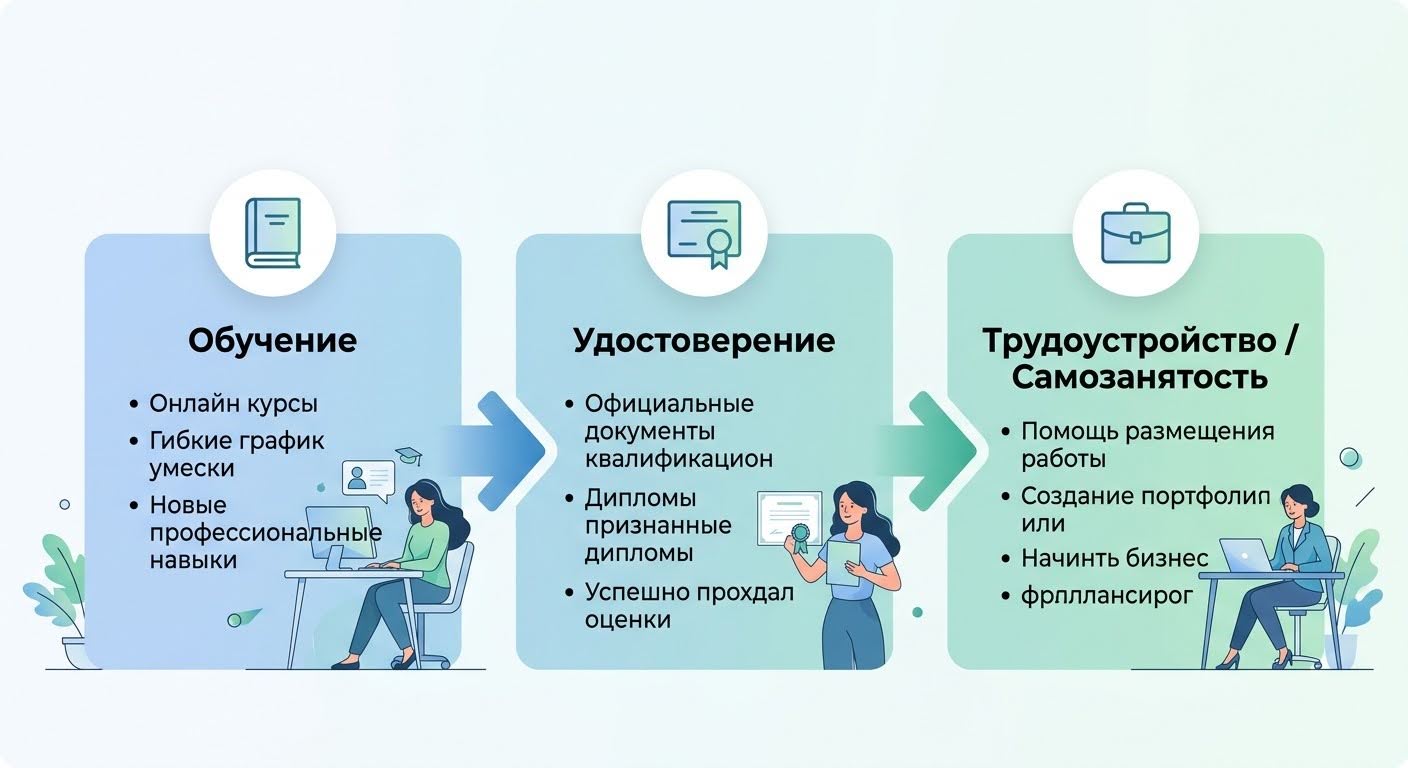 Схема пути от обучения через удостоверение к трудоустройству для мам