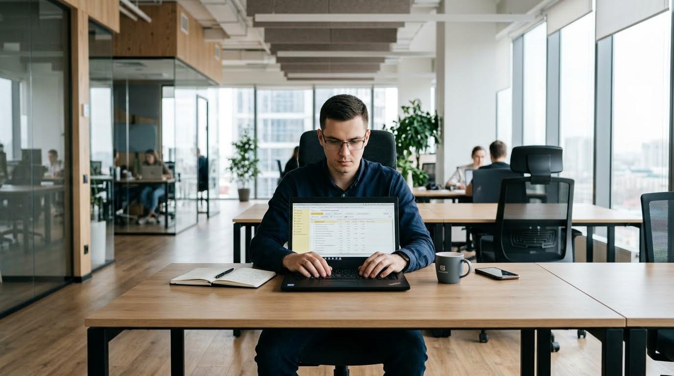 Специалист по 1С за ноутбуком с интерфейсом платформы 1С:Предприятие