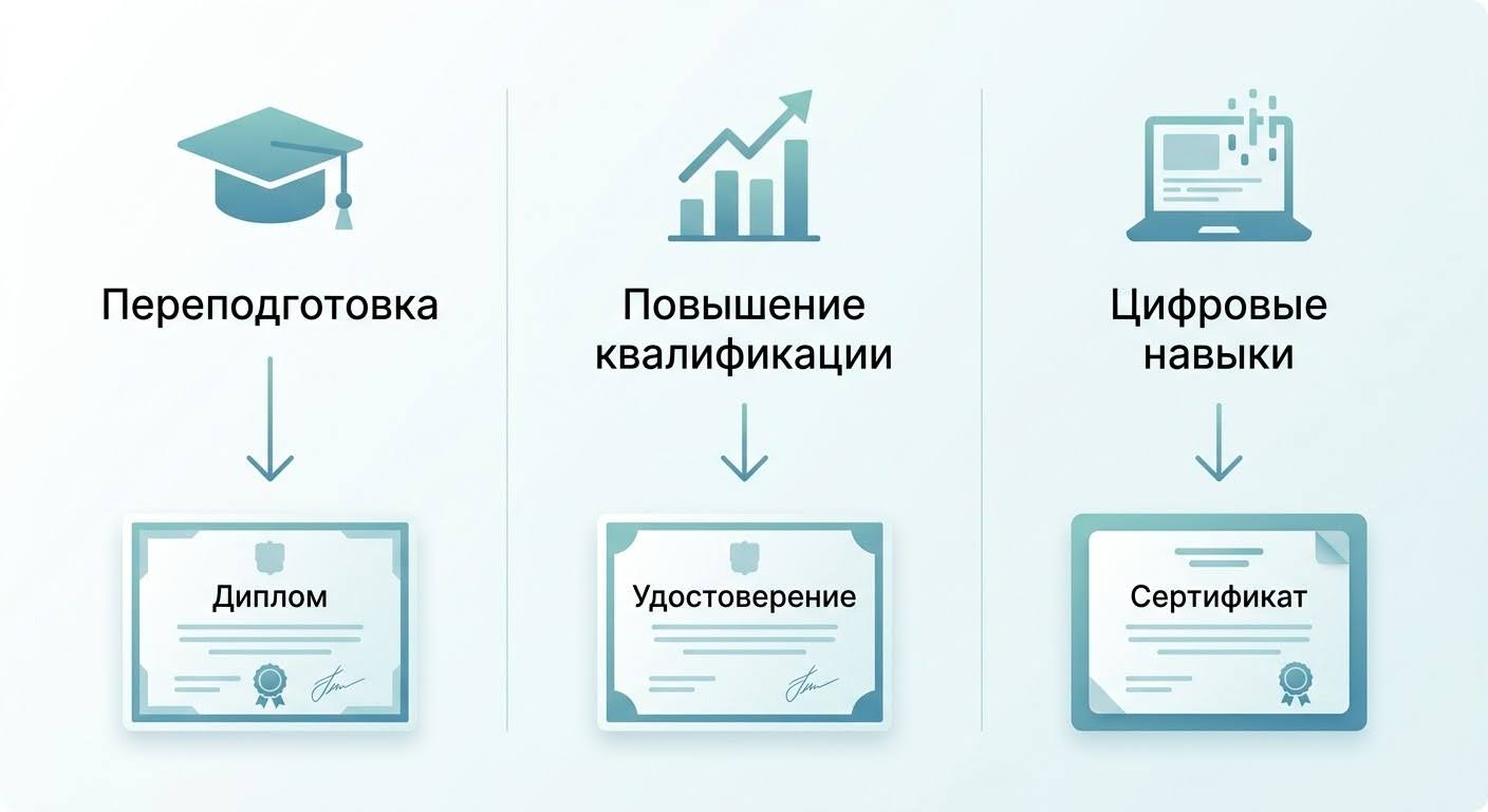 Схема трёх форматов ДПО и документов на выходе для пенсионеров