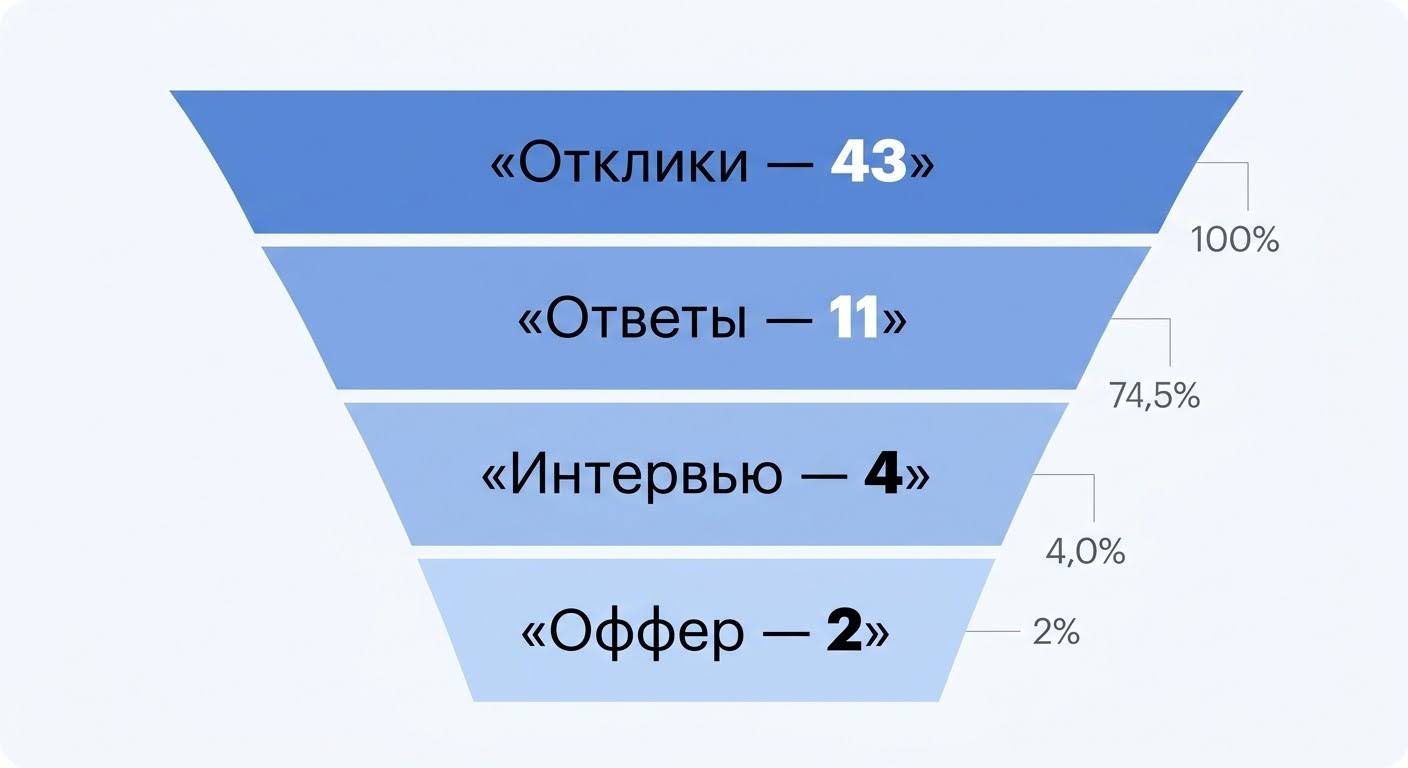 Воронка найма: 43 отклика, 11 ответов, 4 интервью, 2 оффера
