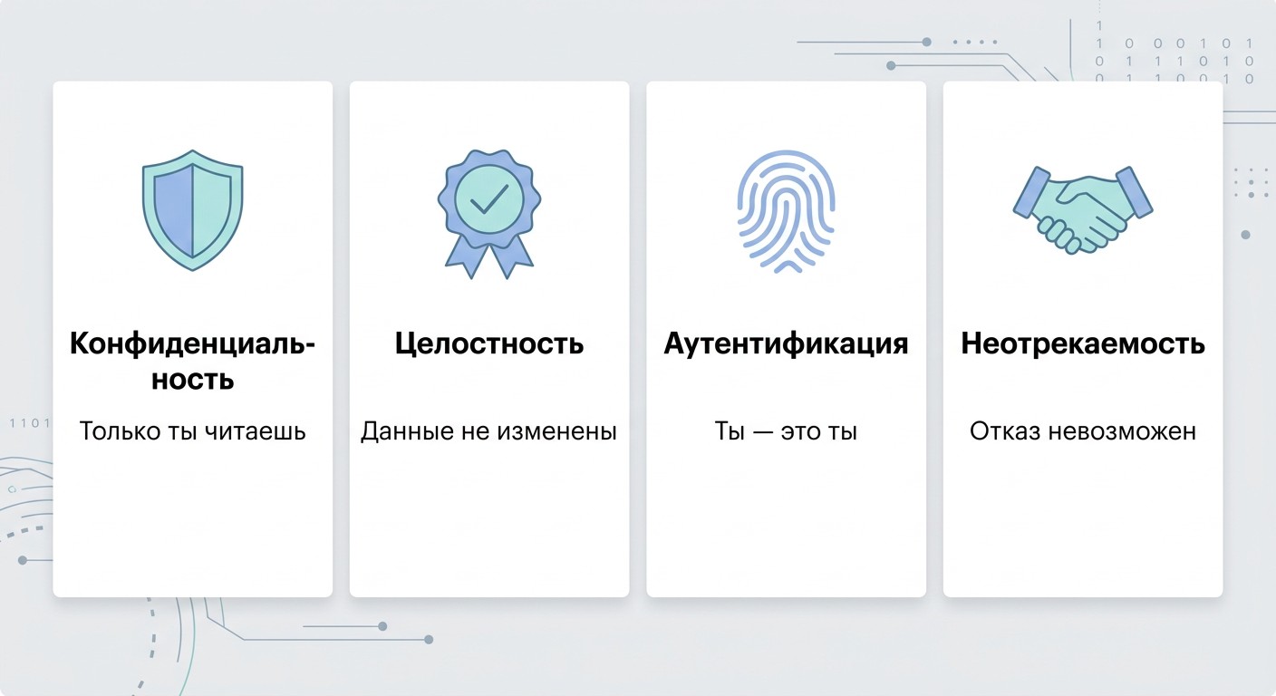 4 принципа криптографии — конфиденциальность, целостность, аутентификация, неотрекаемость