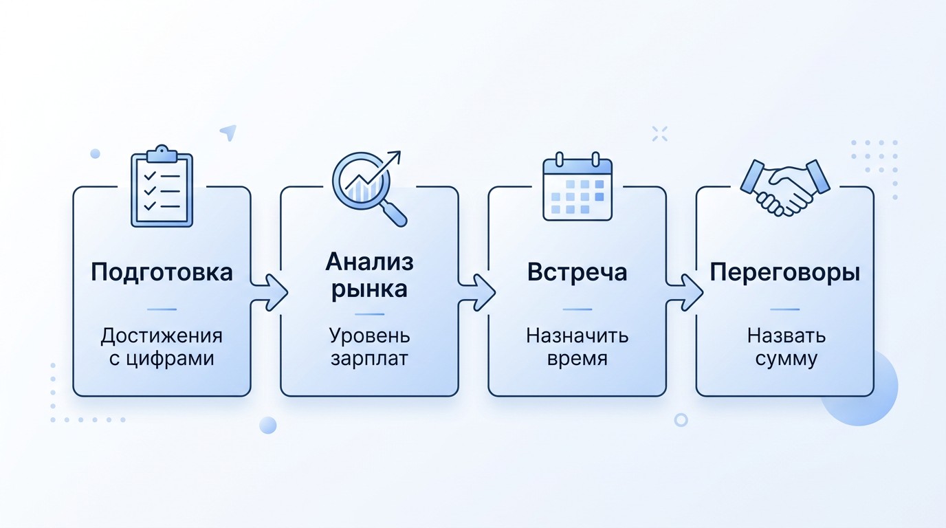 Инфографика: 4 шага к повышению зарплаты — подготовка, анализ, встреча