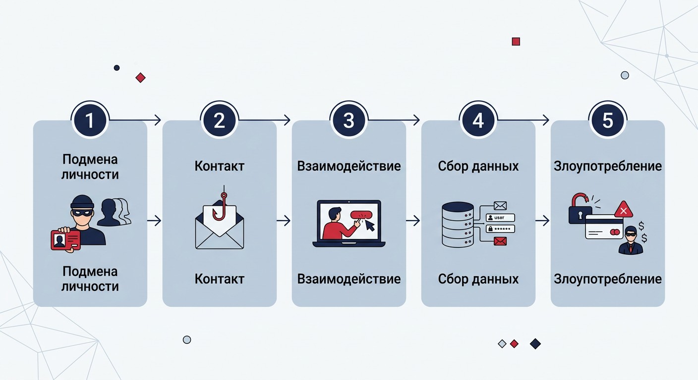 Инфографика 5 шагов фишинговой атаки от подмены личности до злоупотребления