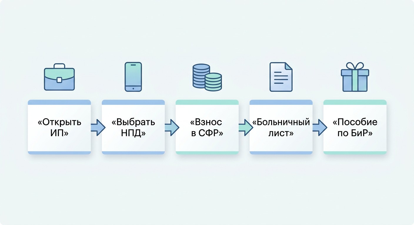 Инфографика 5 шагов ИП на НПД для получения пособия по БиР