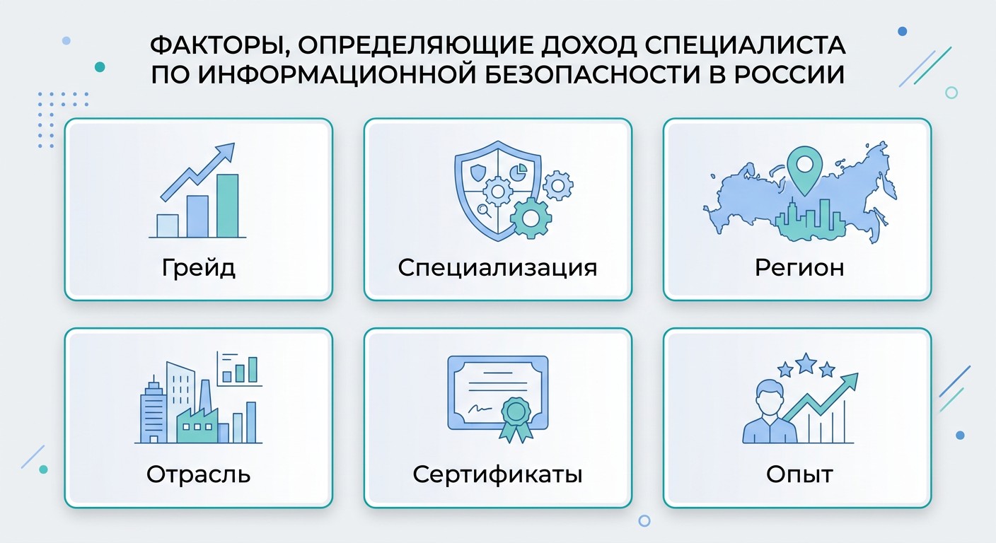 Инфографика шести факторов влияющих на зарплату специалиста по информационной безопасности