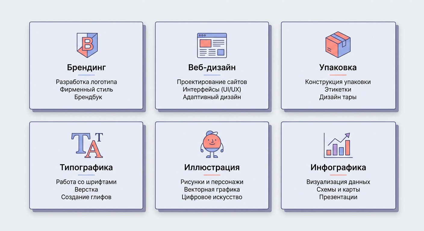 Шесть направлений графического дизайна — инфографика с иконками и подписями