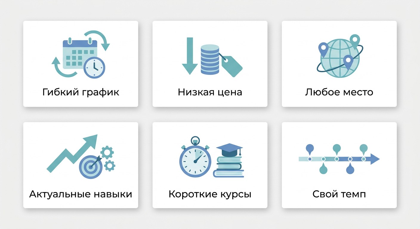 Инфографика шести ключевых плюсов онлайн-курсов с иконками