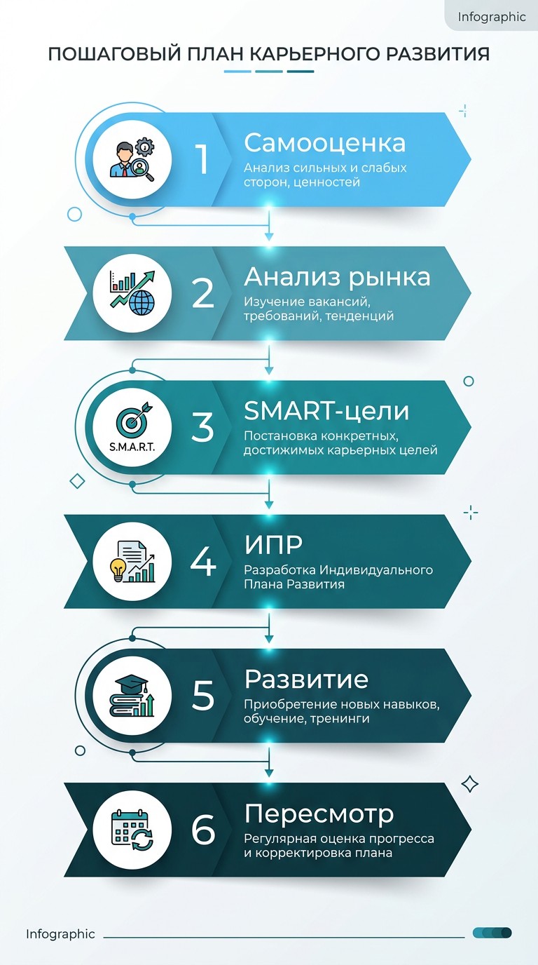 Шесть шагов составления карьерного плана — инфографика-процесс