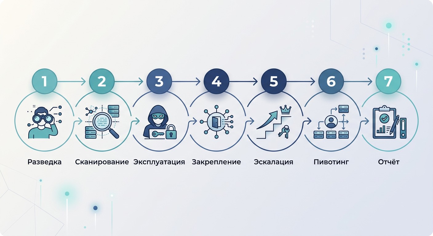 Семь этапов тестирования на проникновение — горизонтальная пошаговая схема