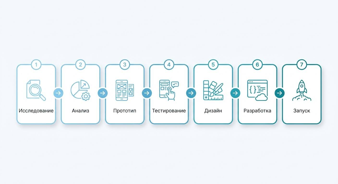 Инфографика: 7 этапов рабочего процесса UX/UI-дизайнера по шагам