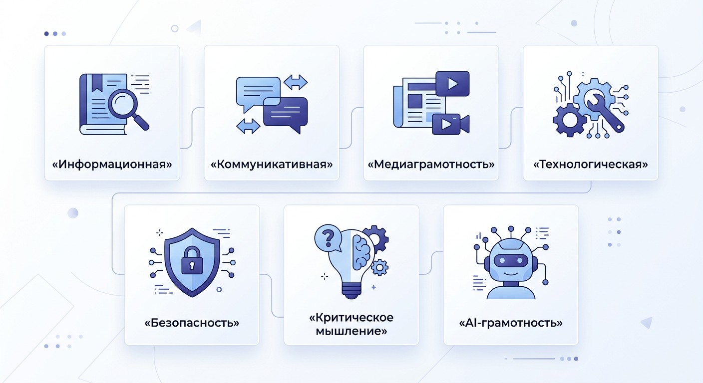 Инфографика: 7 компонентов цифровой грамотности с иконками
