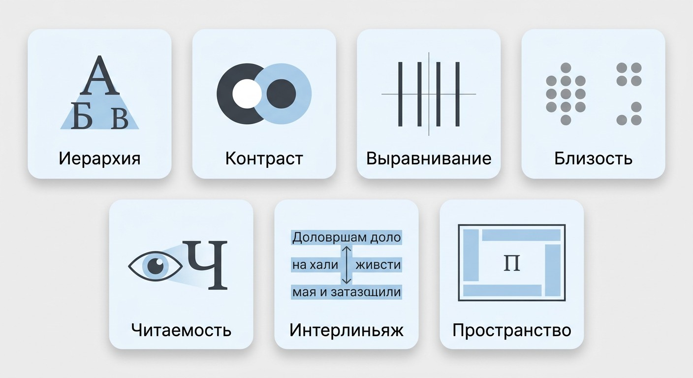 Инфографика семи принципов типографики с иконками для каждого правила