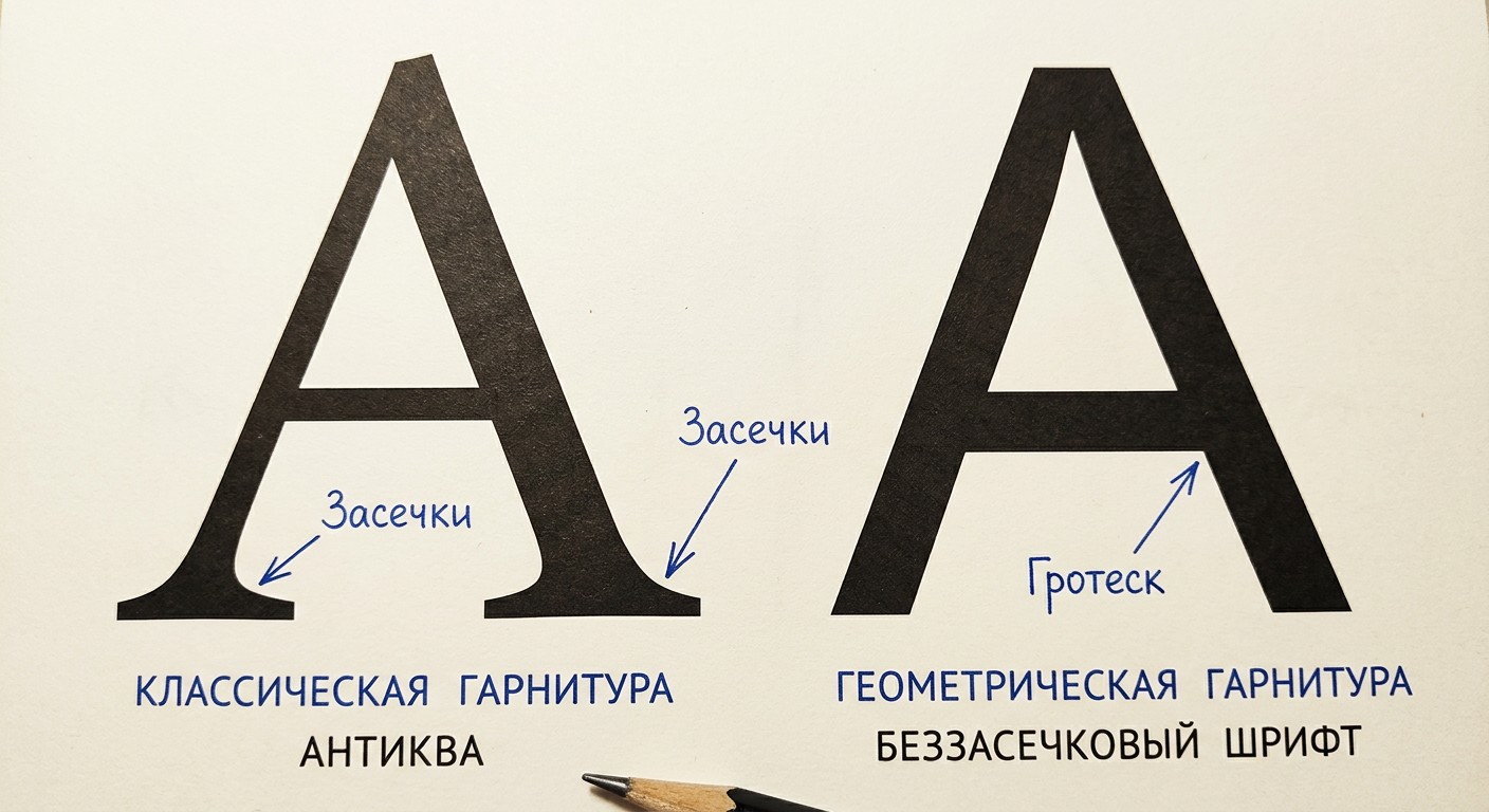 Антиква и гротеск крупным планом — сравнение засечек двух гарнитур