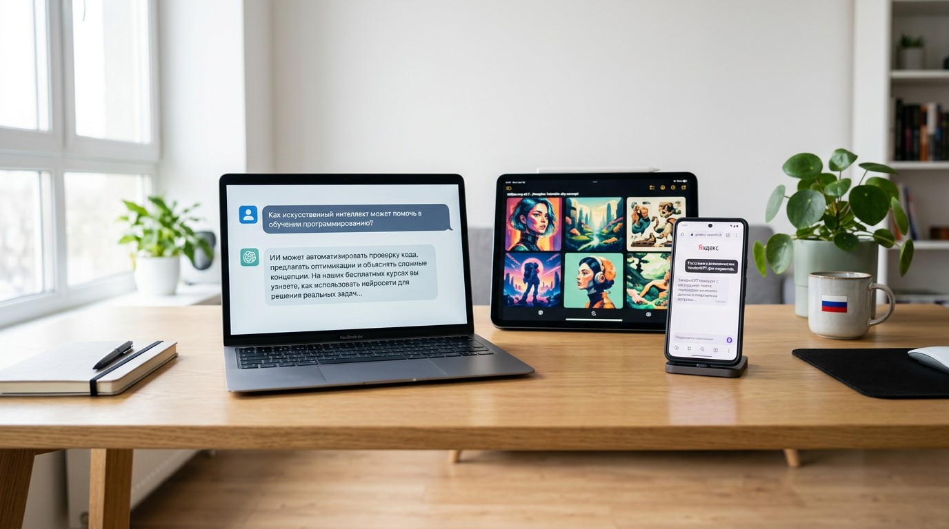 Бесплатные курсы по нейросетям — интерфейсы ChatGPT, YandexGPT и Midjourney на экранах
