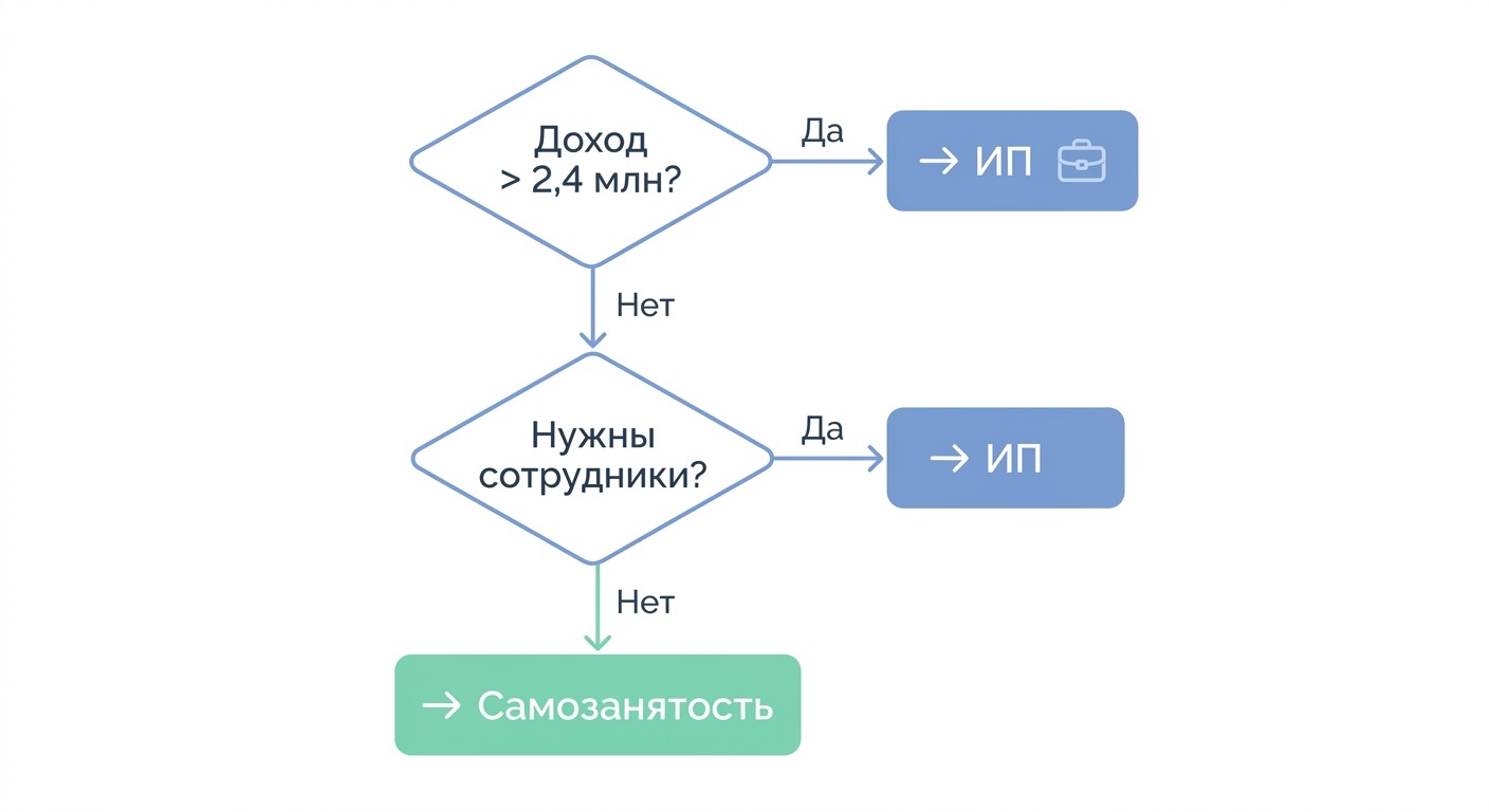 Чек-лист выбора статуса самозанятого или ИП — дерево решений