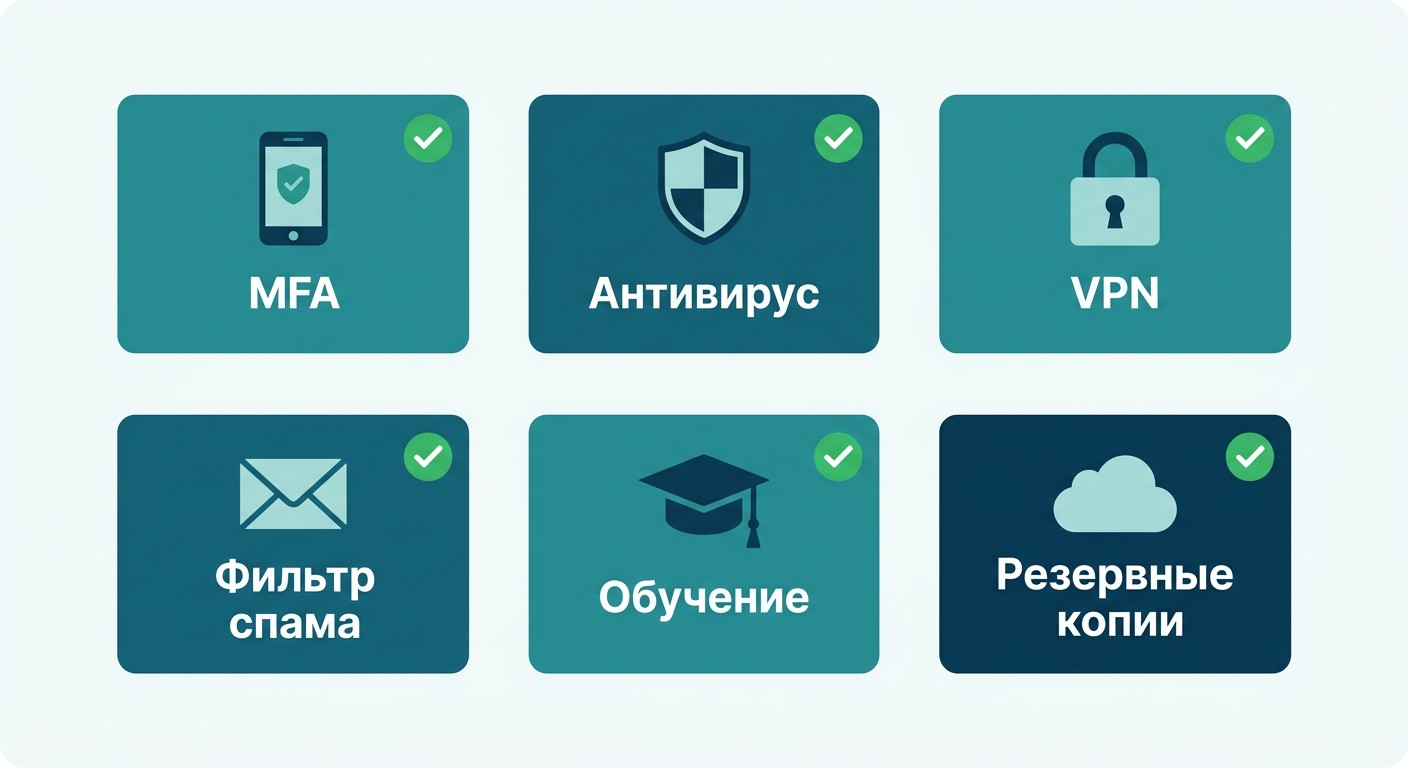 Чек-лист защиты от фишинга: MFA, антивирус, VPN, фильтр спама, обучение, резервные копии