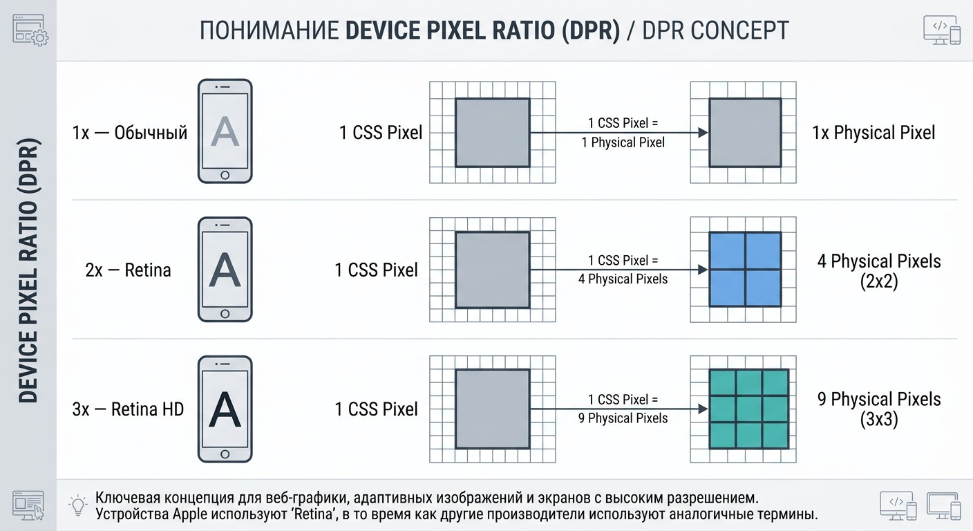 Схема DPR — CSS-пиксель против аппаратного пикселя Retina 1x 2x 3x