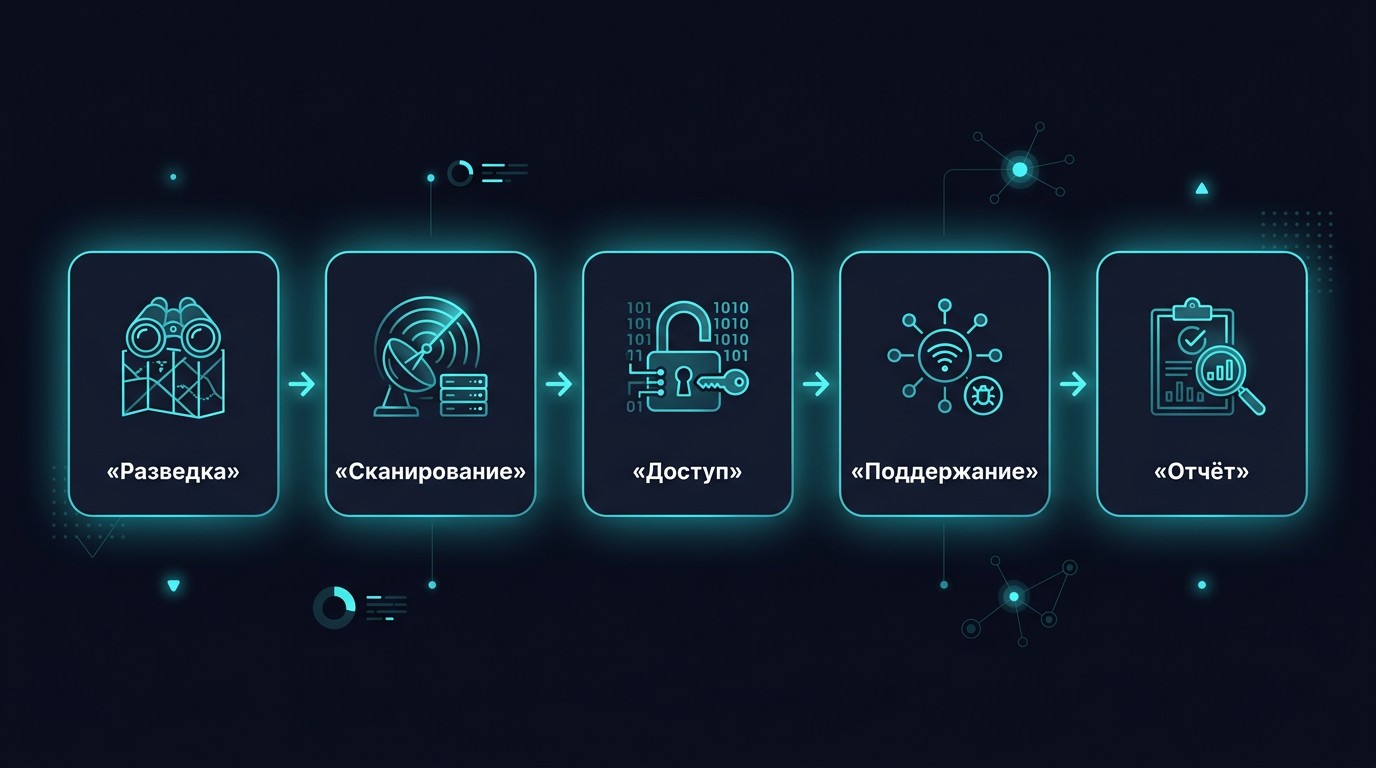 Инфографика пяти этапов пентеста этичного хакера — от разведки до отчёта