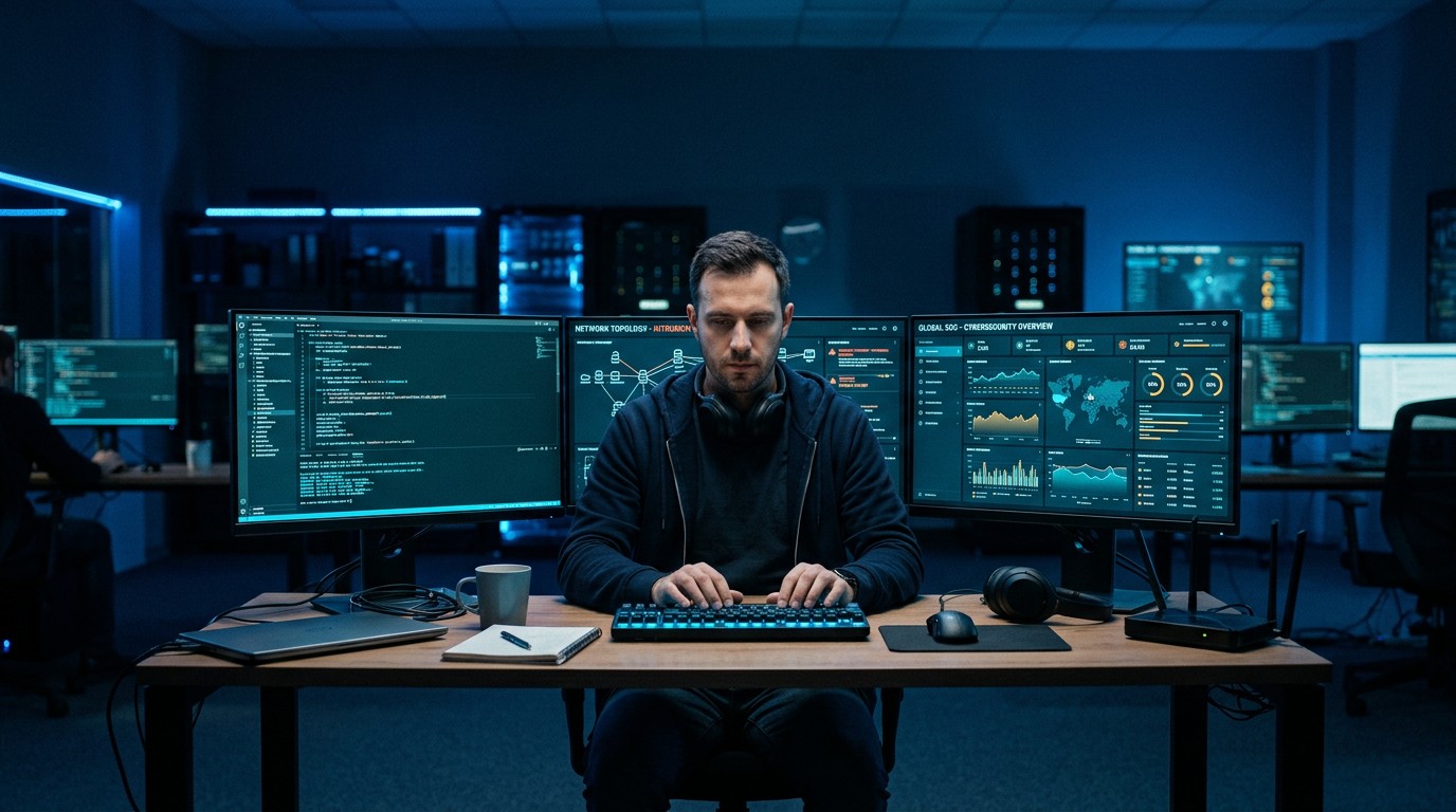 Этичный хакер за несколькими мониторами с интерфейсом кибербезопасности