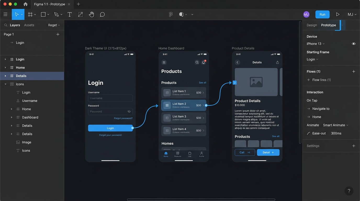 Интерфейс Figma с панелями Design и Prototype для создания прототипов