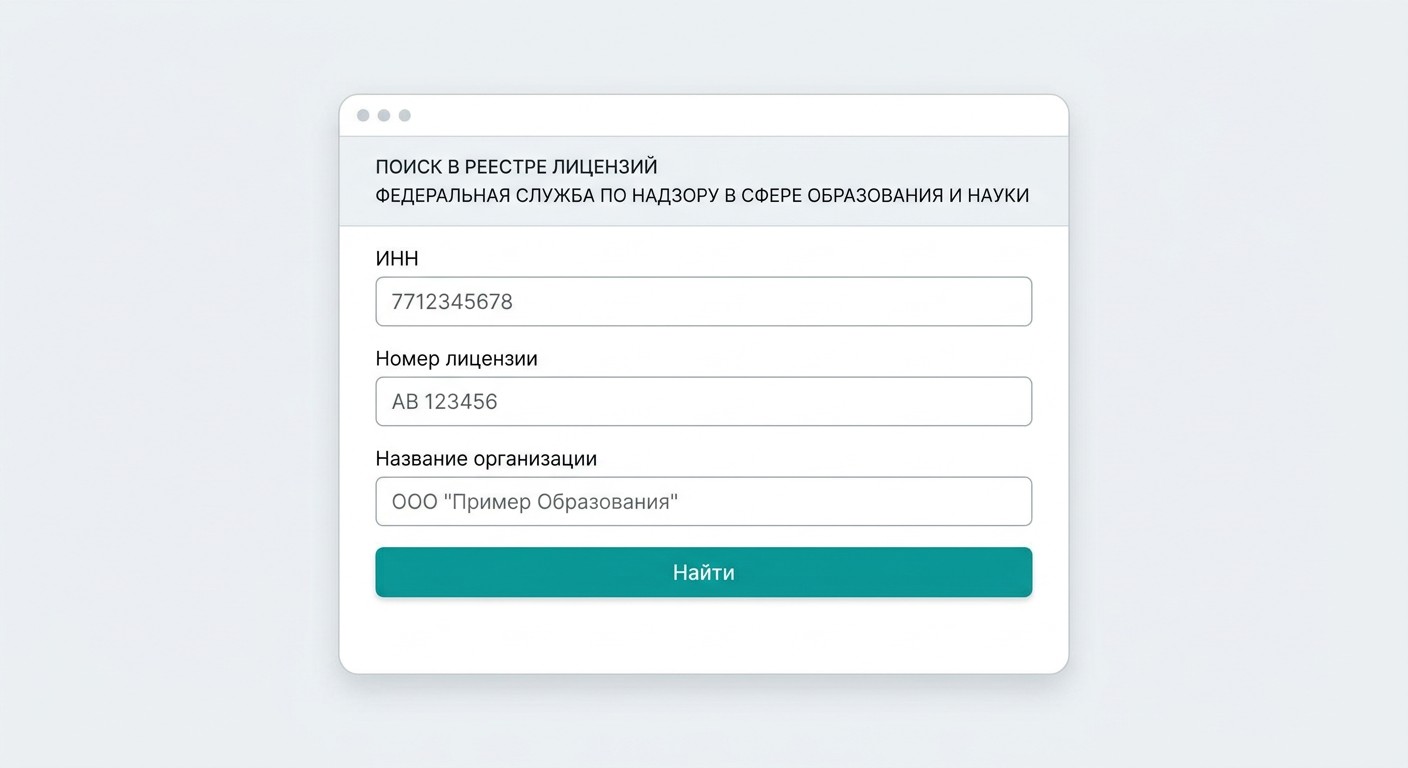 Форма поиска Сводного реестра лицензий Рособрнадзора с полями ИНН и названия