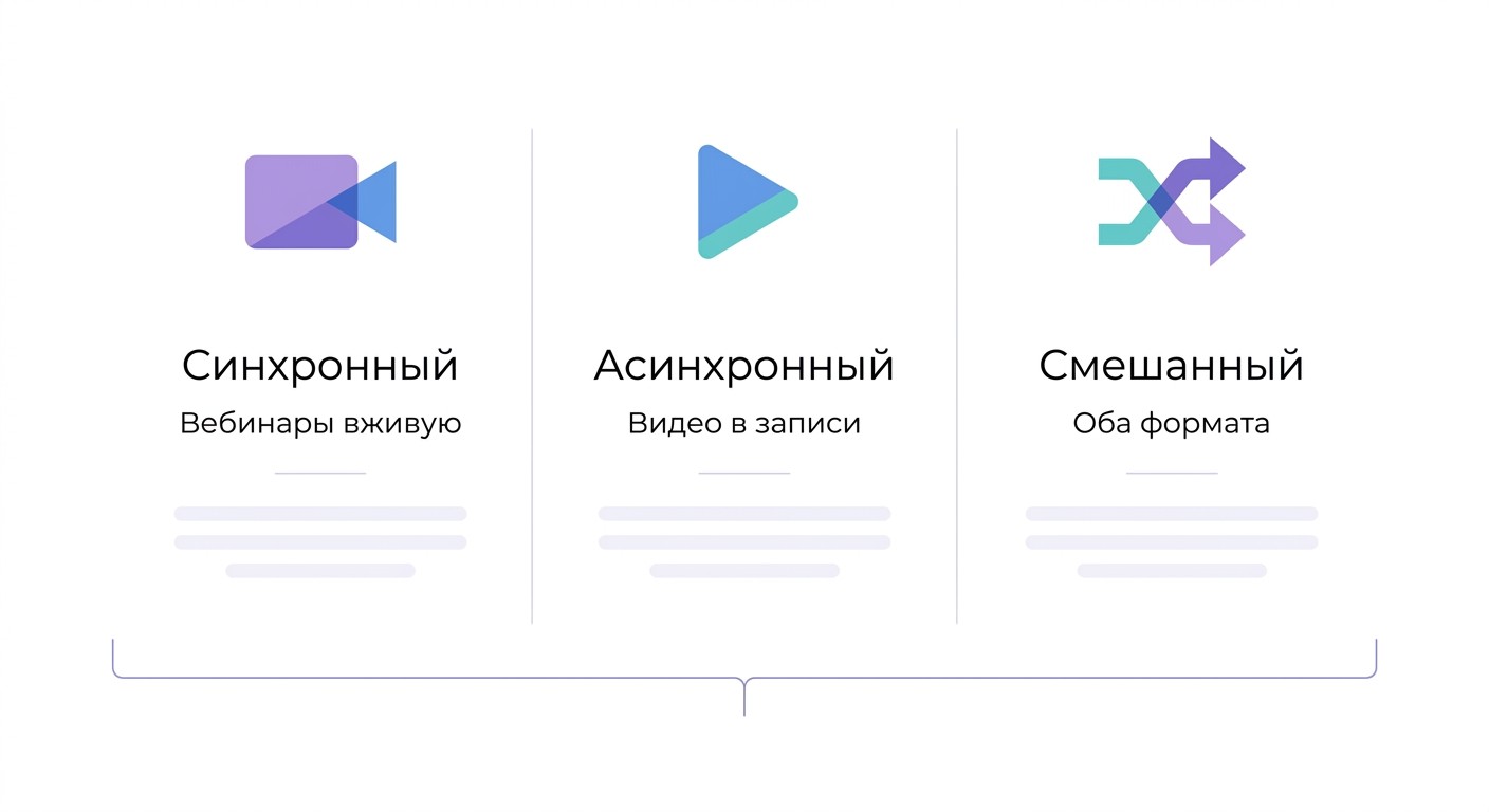 Схема трёх форматов онлайн-обучения: синхронный, асинхронный, смешанный