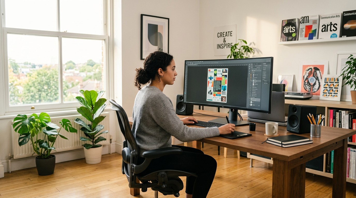 Дизайнер осваивает Photoshop за монитором в студии