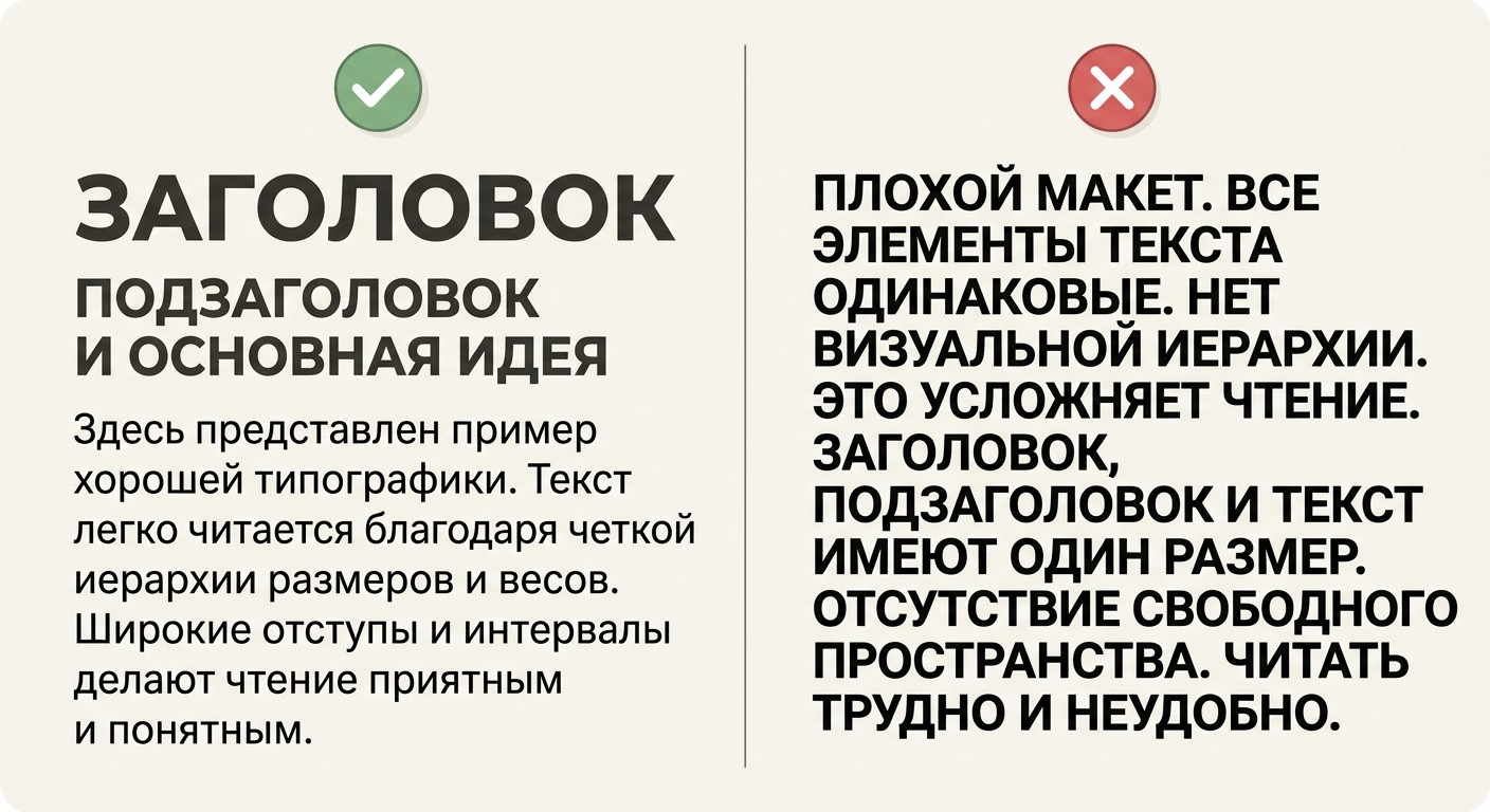 Сравнение правильной и плохой типографической иерархии текста