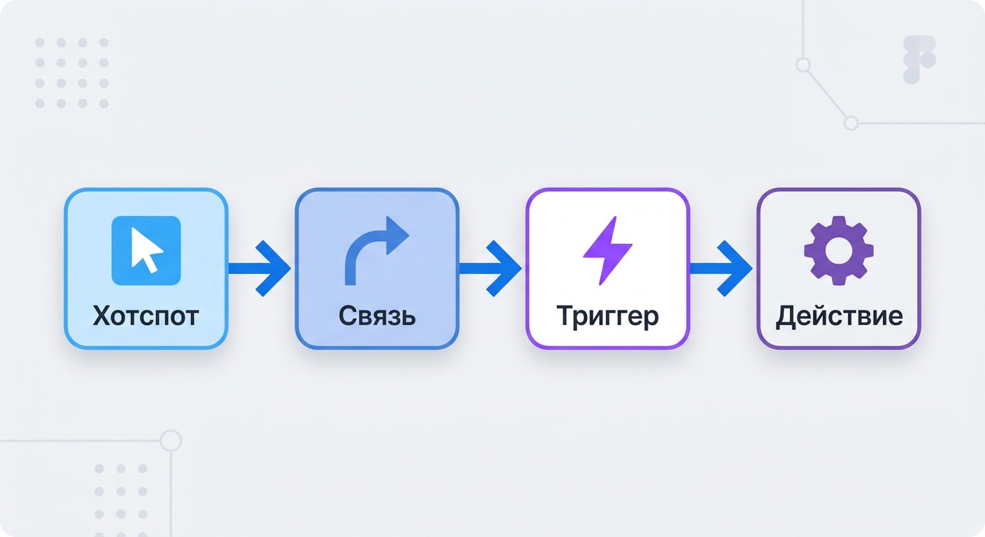 Схема цепочки Hotspot, Connection, Триггер и Действие в прототипировании Figma