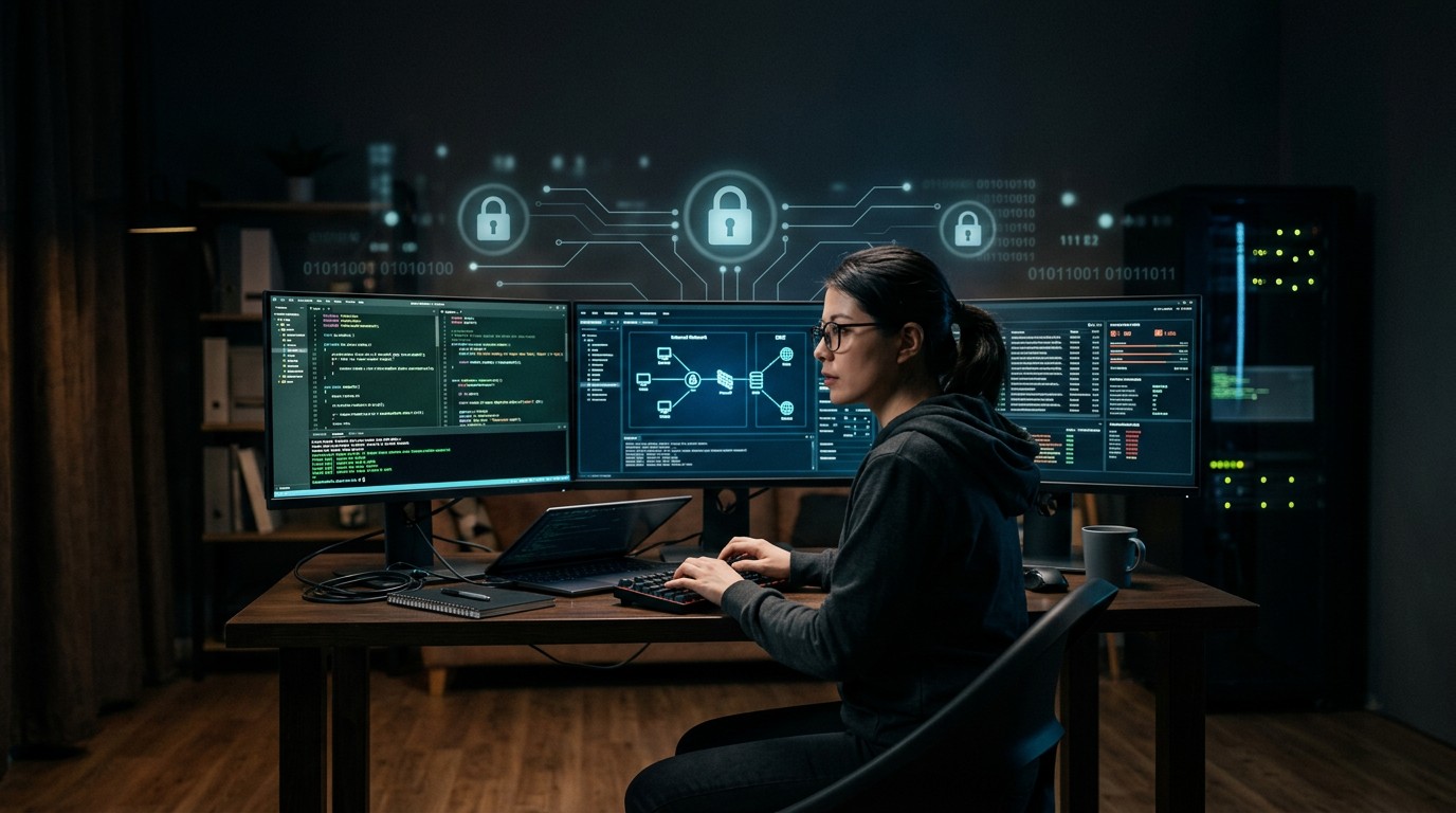 Специалист по информационной безопасности за мониторами с кодом
