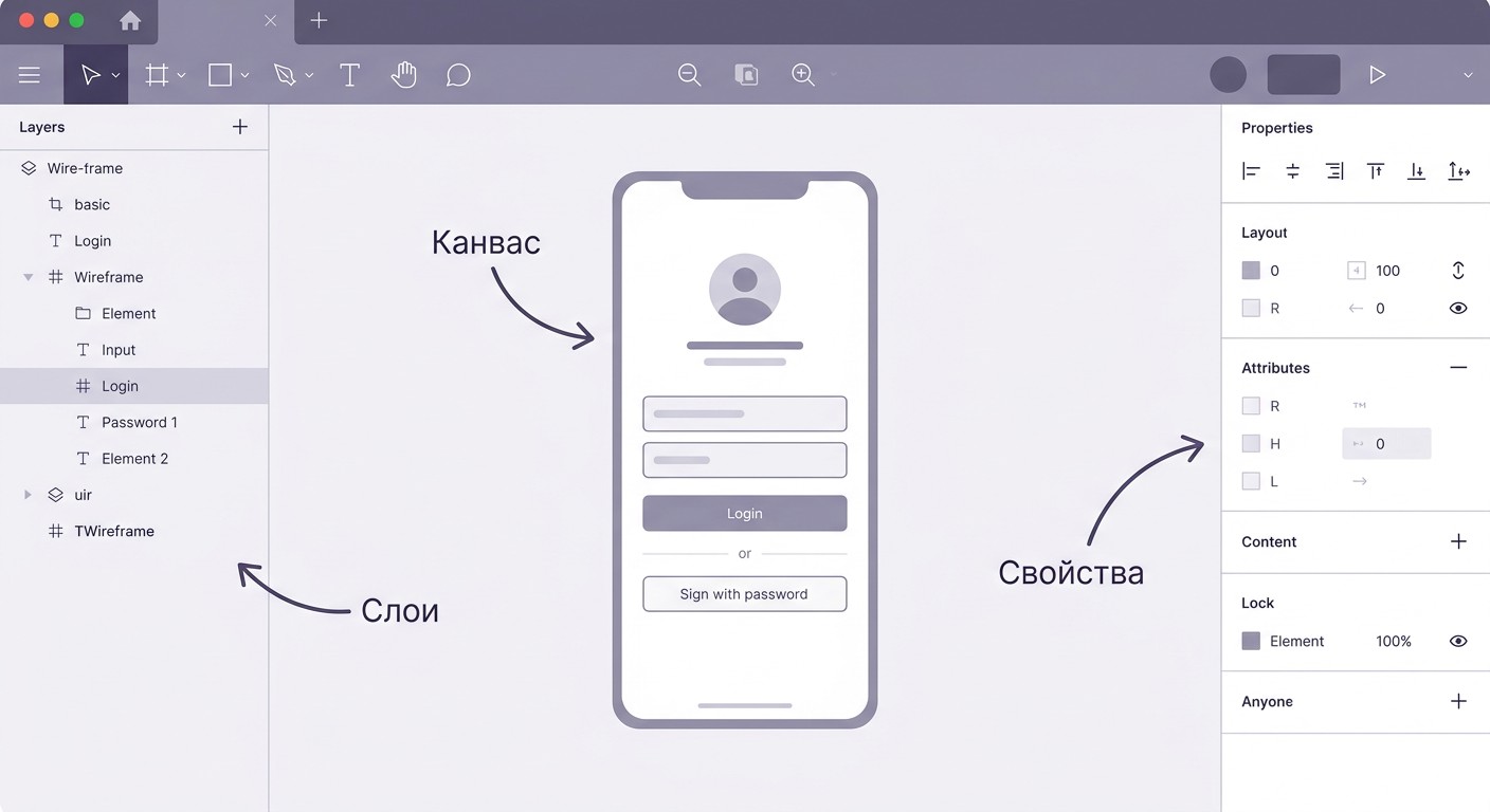 Интерфейс дизайн-редактора с подписями ключевых функций для UX-дизайна