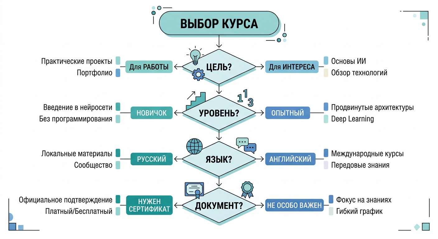 Блок-схема выбора бесплатного курса по нейросетям — вопросы цель уровень язык документ