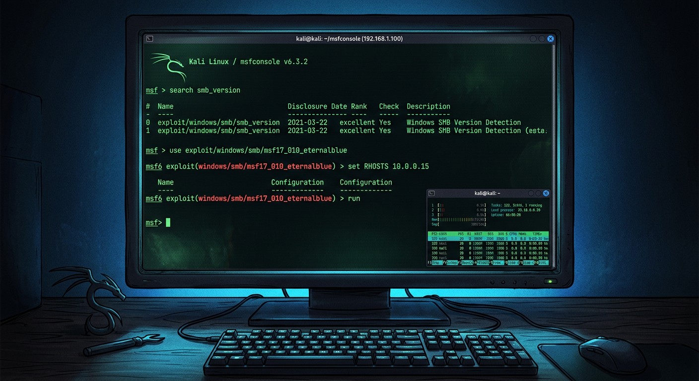 Интерфейс Kali Linux и msfconsole в терминале пентестера