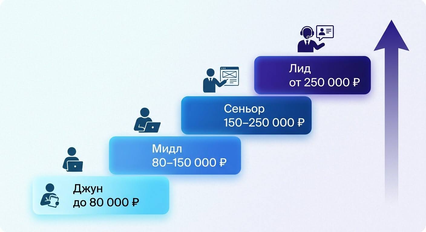 Карьерная лестница UX/UI-дизайнера Junior–Lead с диапазонами зарплат