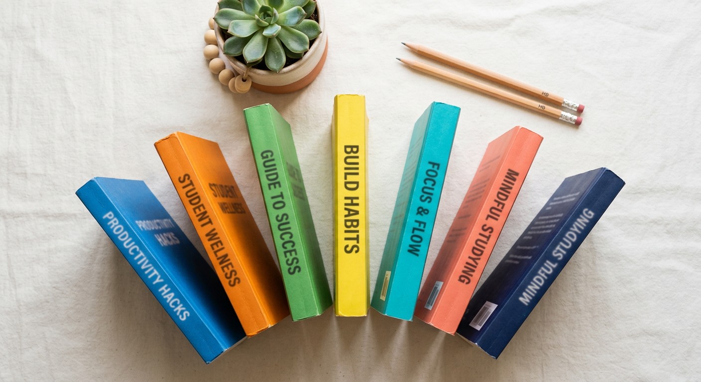 Семь книг по самоорганизации и мотивации для студентов на белом фоне