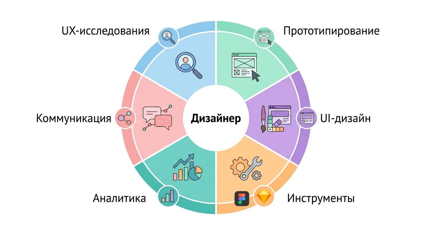 Колесо компетенций UX/UI-дизайнера — шесть ключевых блоков знаний
